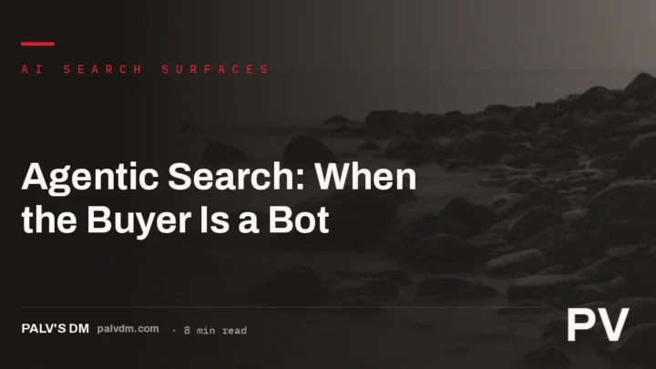 An AI shopping agent evaluating a product page on behalf of a human buyer, symbolic dark orbit visual