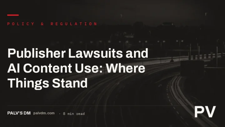 Abstract dark background with light trails representing the legal landscape around AI publisher lawsuits