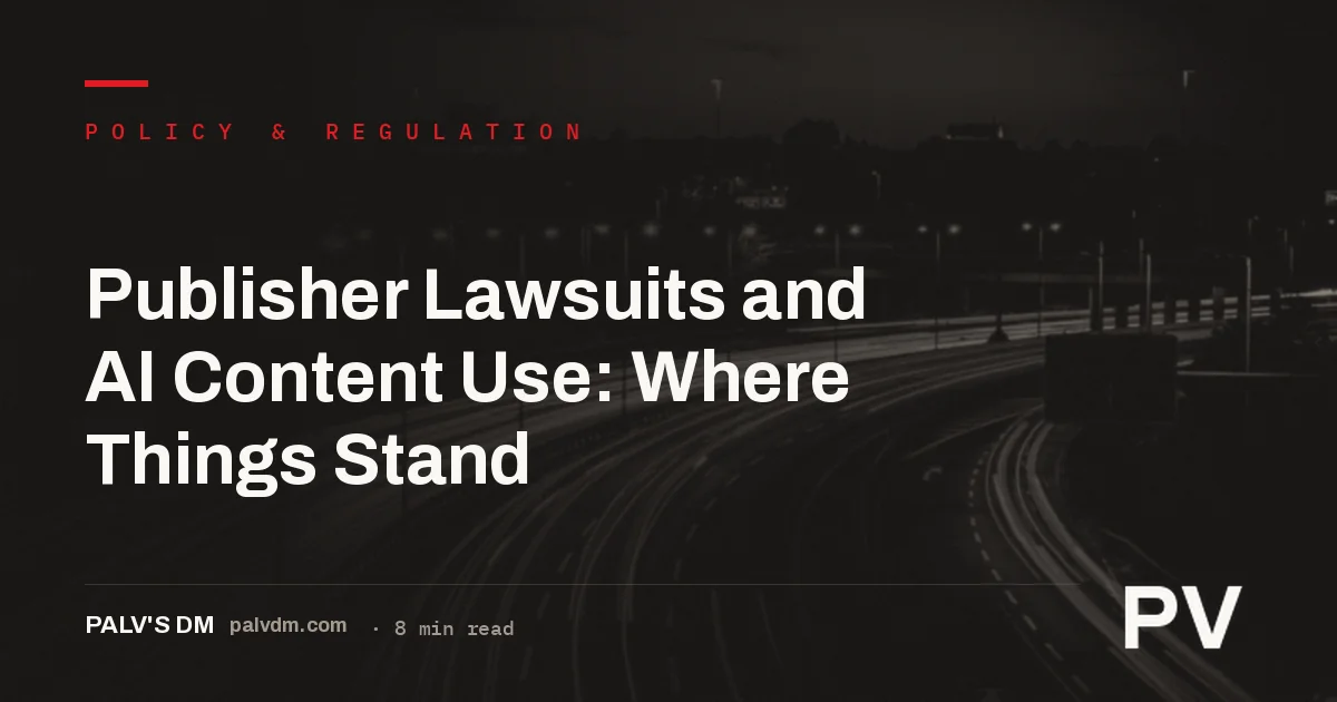 Abstract dark background with light trails representing the legal landscape around AI publisher lawsuits