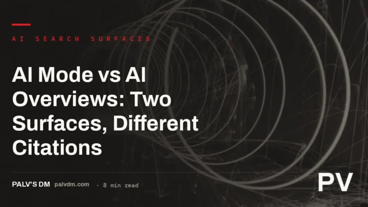 Split-screen visual representing AI Overviews and AI Mode as two distinct search surfaces