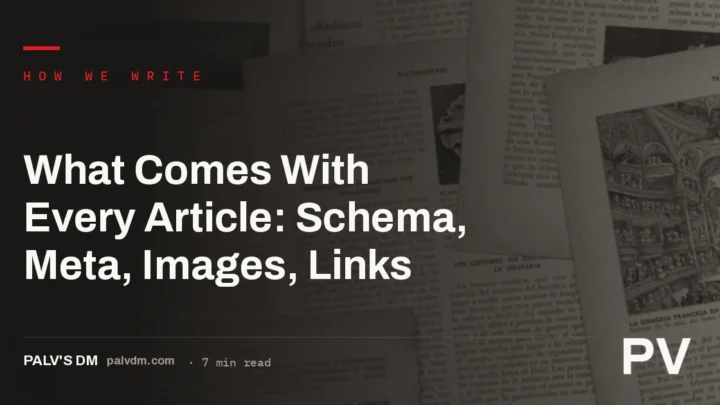 Checklist infographic showing the technical package that ships with every SEO article: schema markup, meta title and description, featured image, supporting graphic, internal links, and external citation