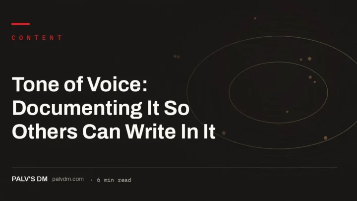 Vintage typewriter graphic titled Tone of Voice: Documenting It So Others Can Write In It, PalV's DM