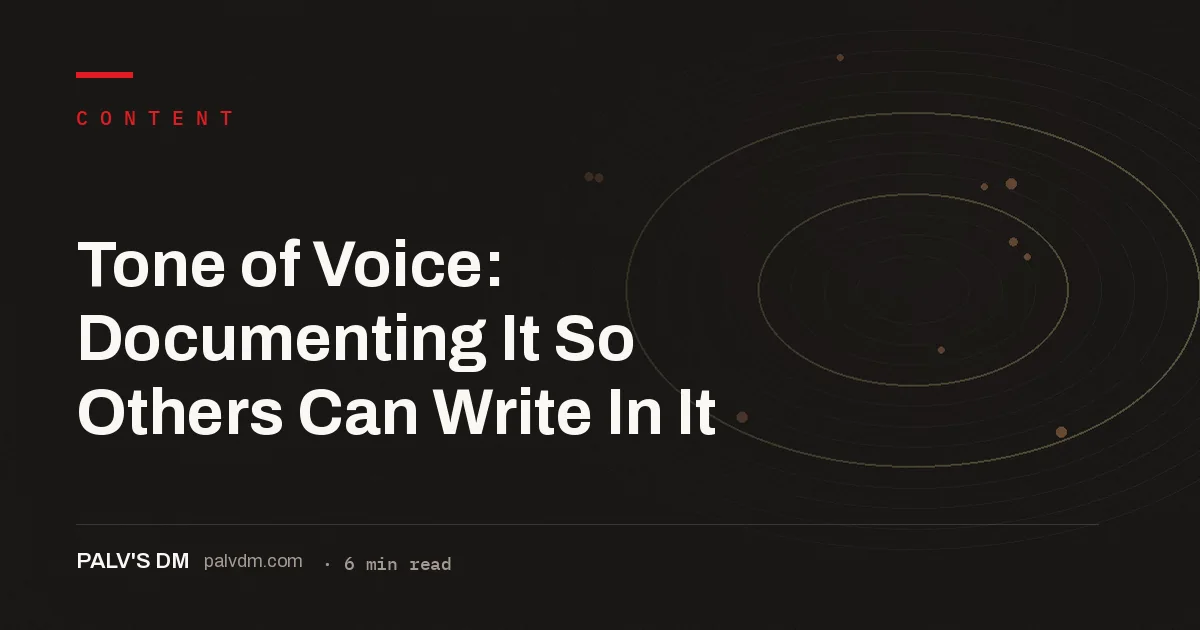 Vintage typewriter graphic titled Tone of Voice: Documenting It So Others Can Write In It, PalV's DM