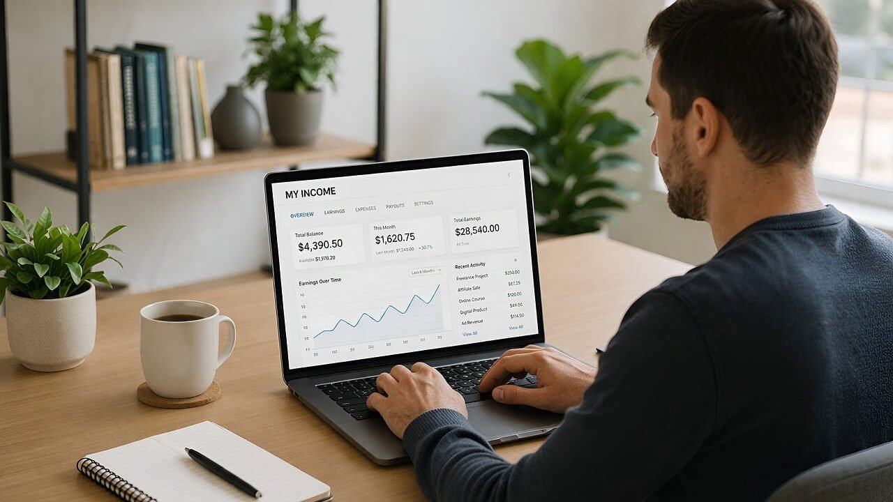 A laptop on a home office desk showing an analytics dashboard, representing tracking blog traffic and email list growth