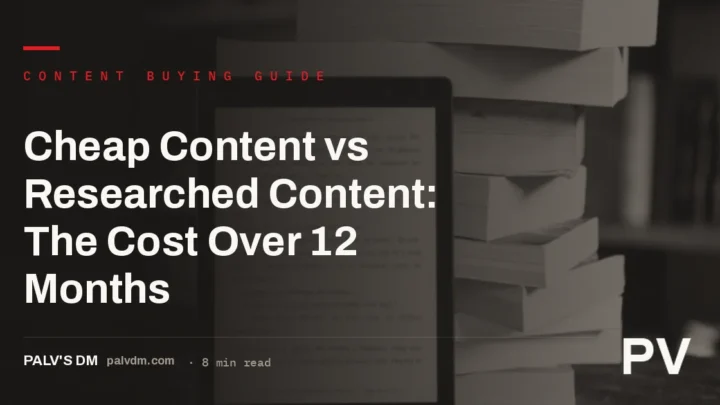 Bookshelves in a library representing cheap content versus researched content