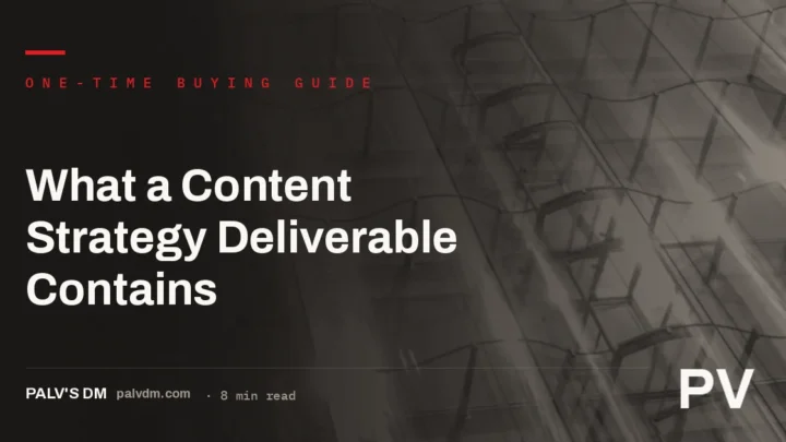 Checklist infographic showing the six components of a content strategy service deliverable: audit, topic clustering, gap analysis, editorial calendar, content briefs, and measurement framework