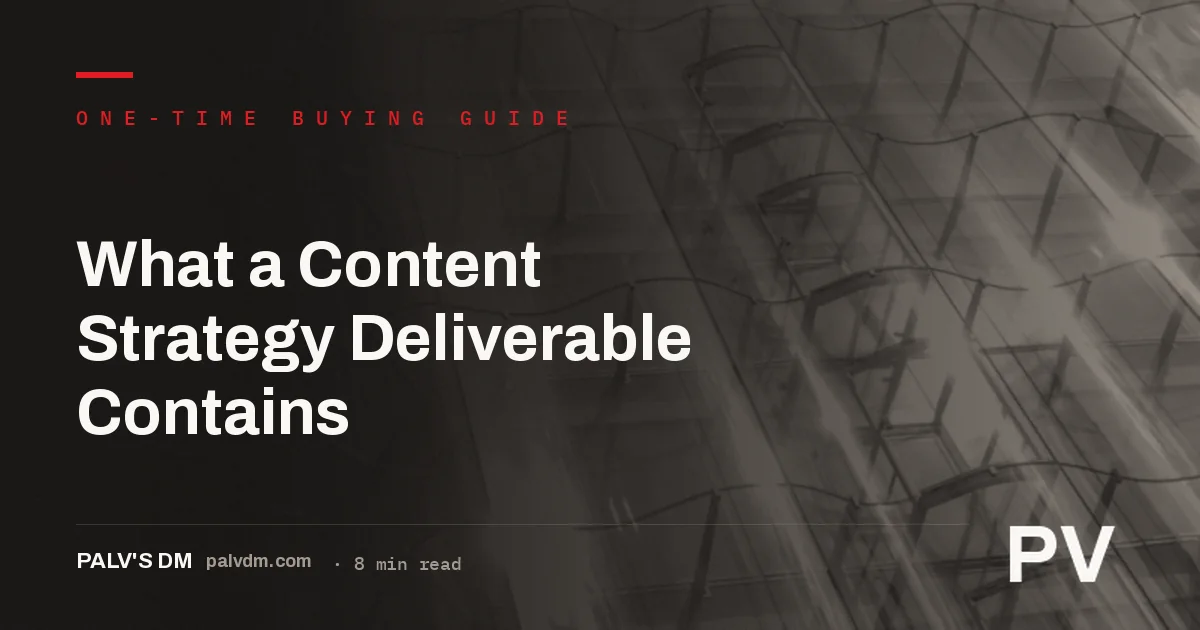 Checklist infographic showing the six components of a content strategy service deliverable: audit, topic clustering, gap analysis, editorial calendar, content briefs, and measurement framework