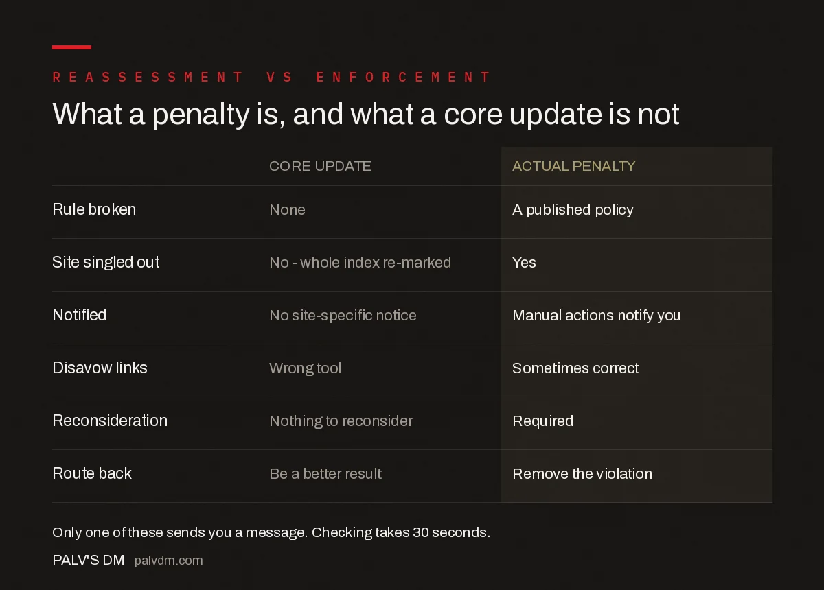 Core update compared with an actual Google penalty