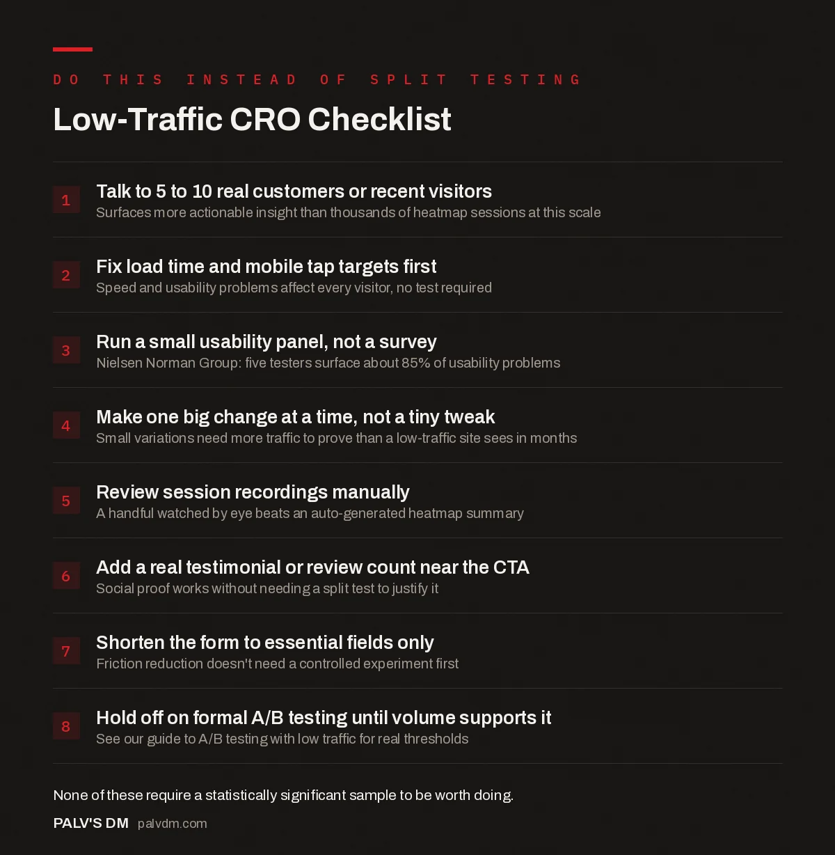 Low-traffic CRO checklist infographic