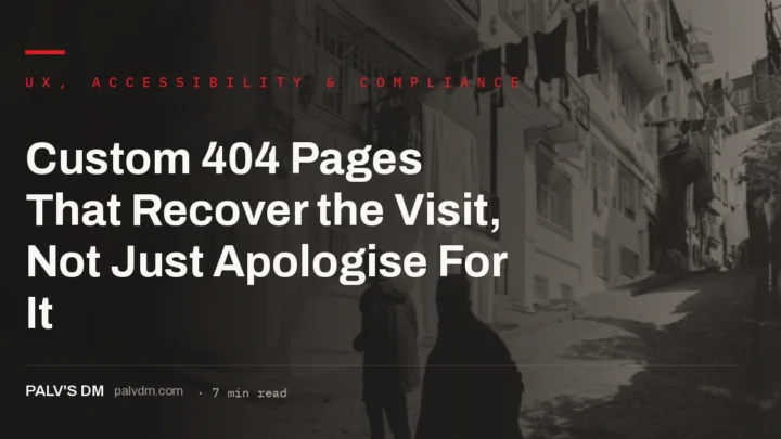 Custom 404 error page design with navigation and search bar