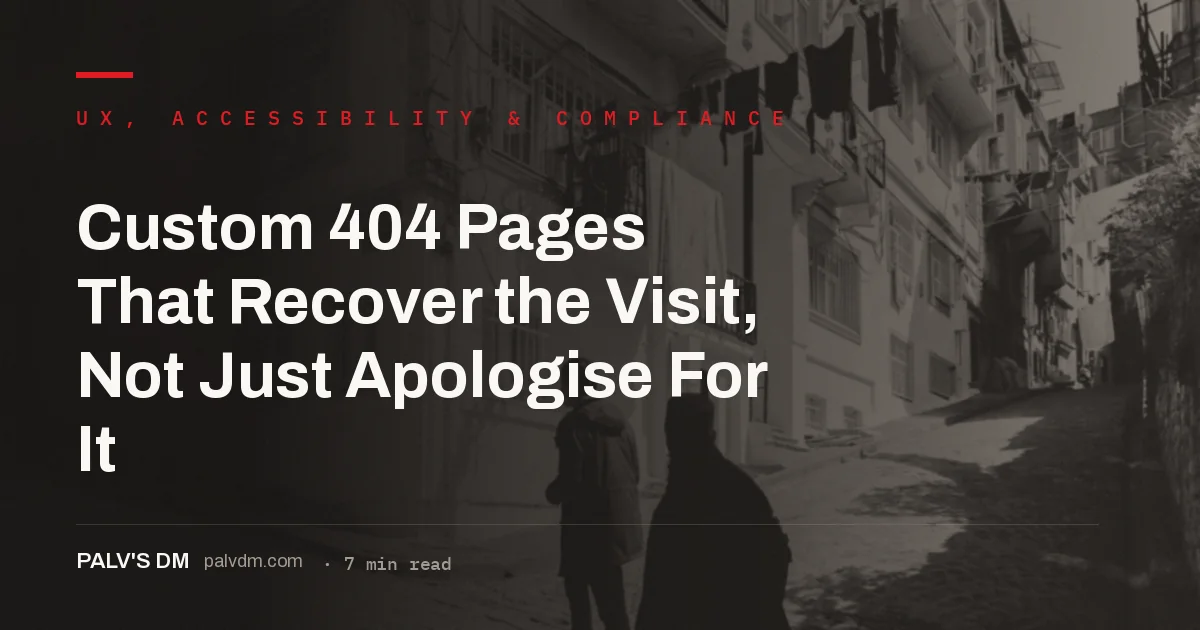 Custom 404 error page design with navigation and search bar