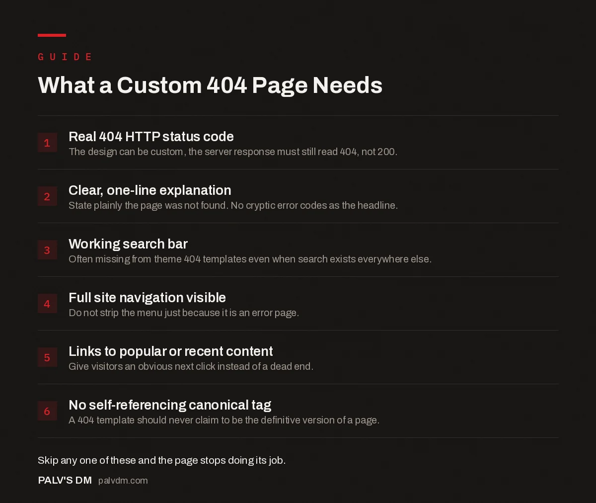 Checklist infographic: what a custom 404 page needs to recover the visit