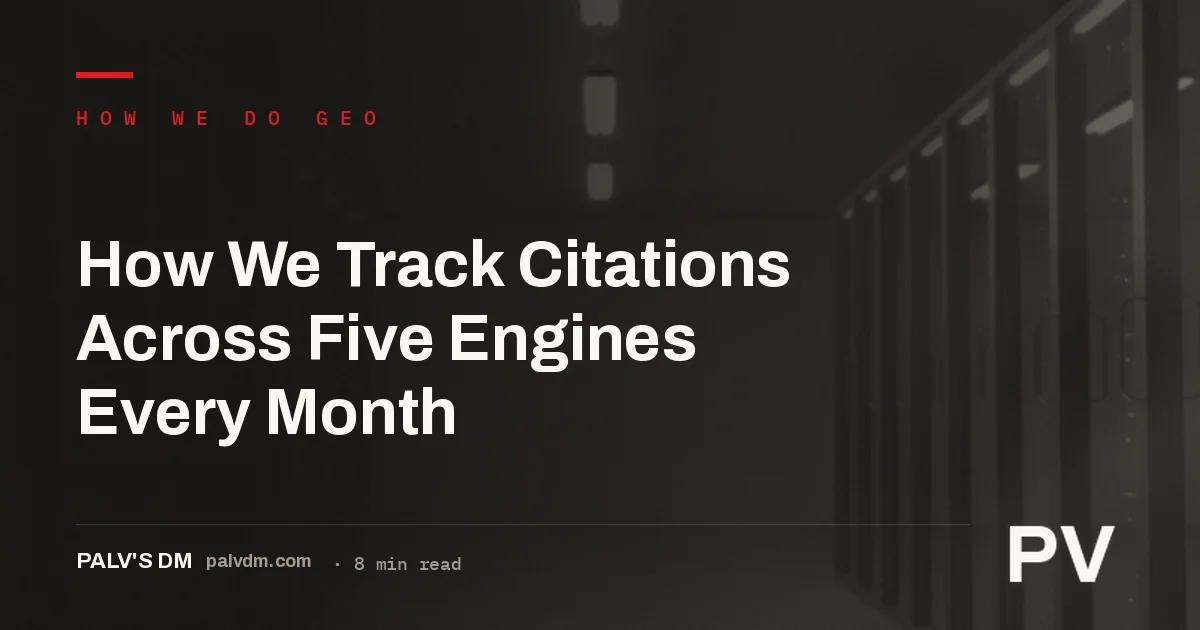 A dark server infrastructure background with the headline How We Track Citations Across Five Engines Every Month