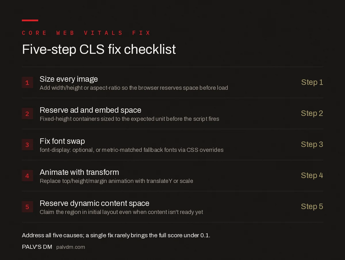 Five-step checklist to fix Cumulative Layout Shift: size images, reserve ad space, fix font swap, avoid layout-triggering animation, reserve space for dynamic content