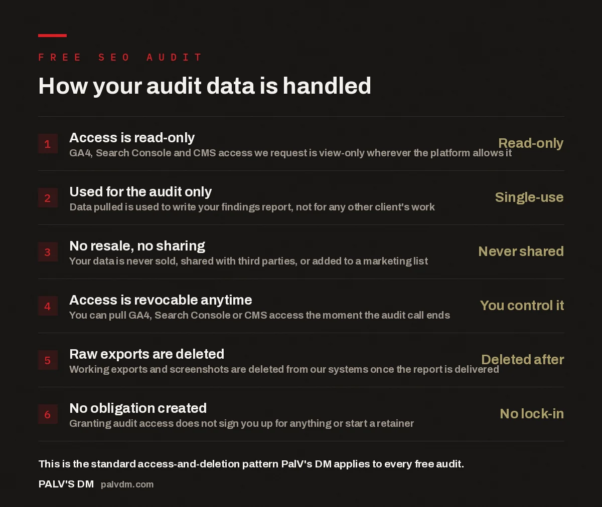 Checklist infographic showing six facts about how PalV's DM handles your data after a free SEO audit