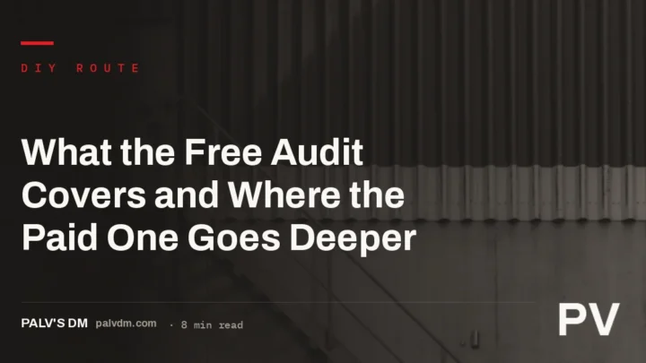 Split-panel graphic comparing what a free SEO audit checks versus what a paid SEO audit adds