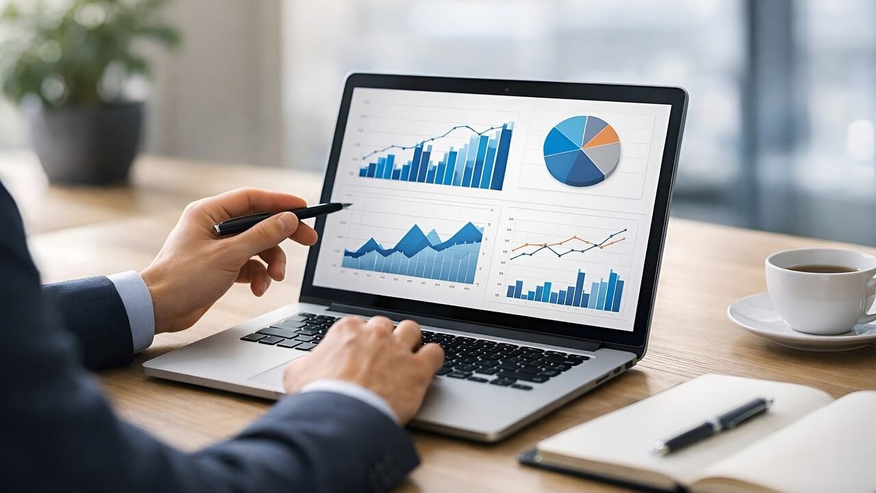 Laptop dashboard showing analytics charts, representing how Indian shoppers split product search between Google and ecommerce marketplace apps