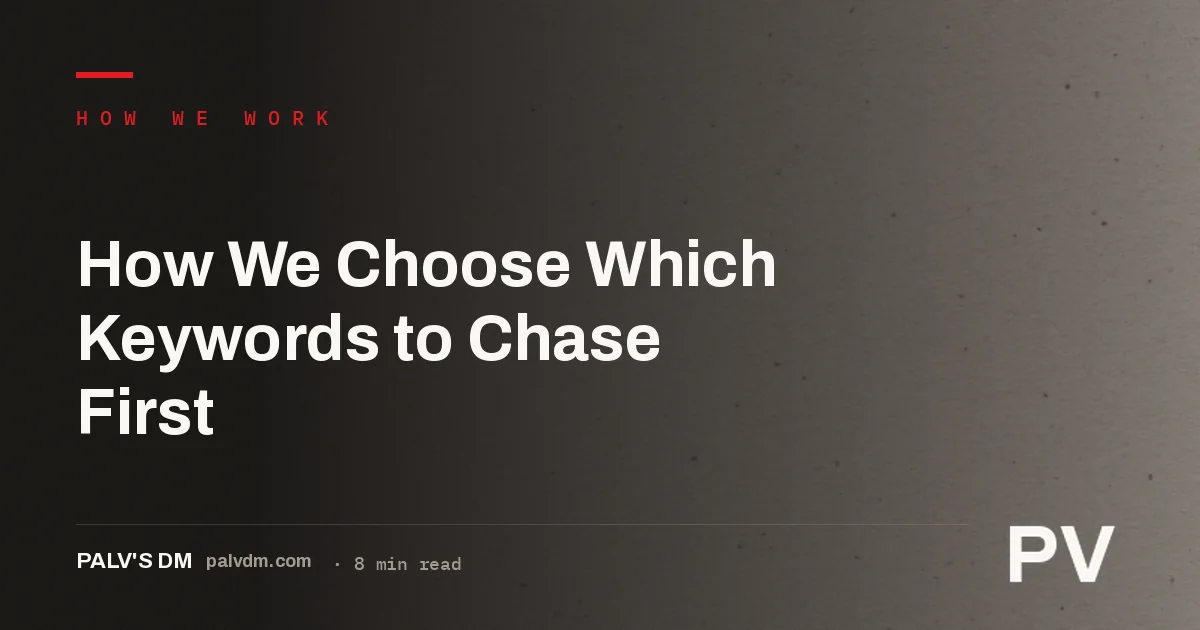 A ledger-style hero graphic for the article How We Choose Which Keywords to Chase First