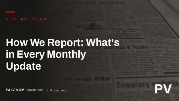 Ledger-style header image for an article about how PalV's DM reports on monthly SEO work
