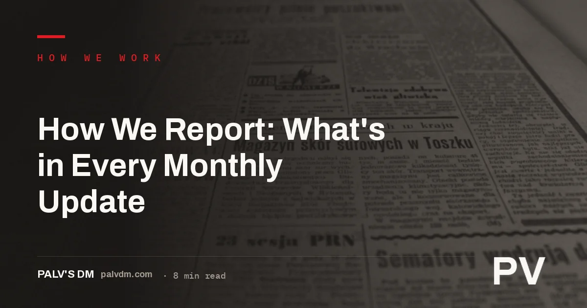 Ledger-style header image for an article about how PalV's DM reports on monthly SEO work