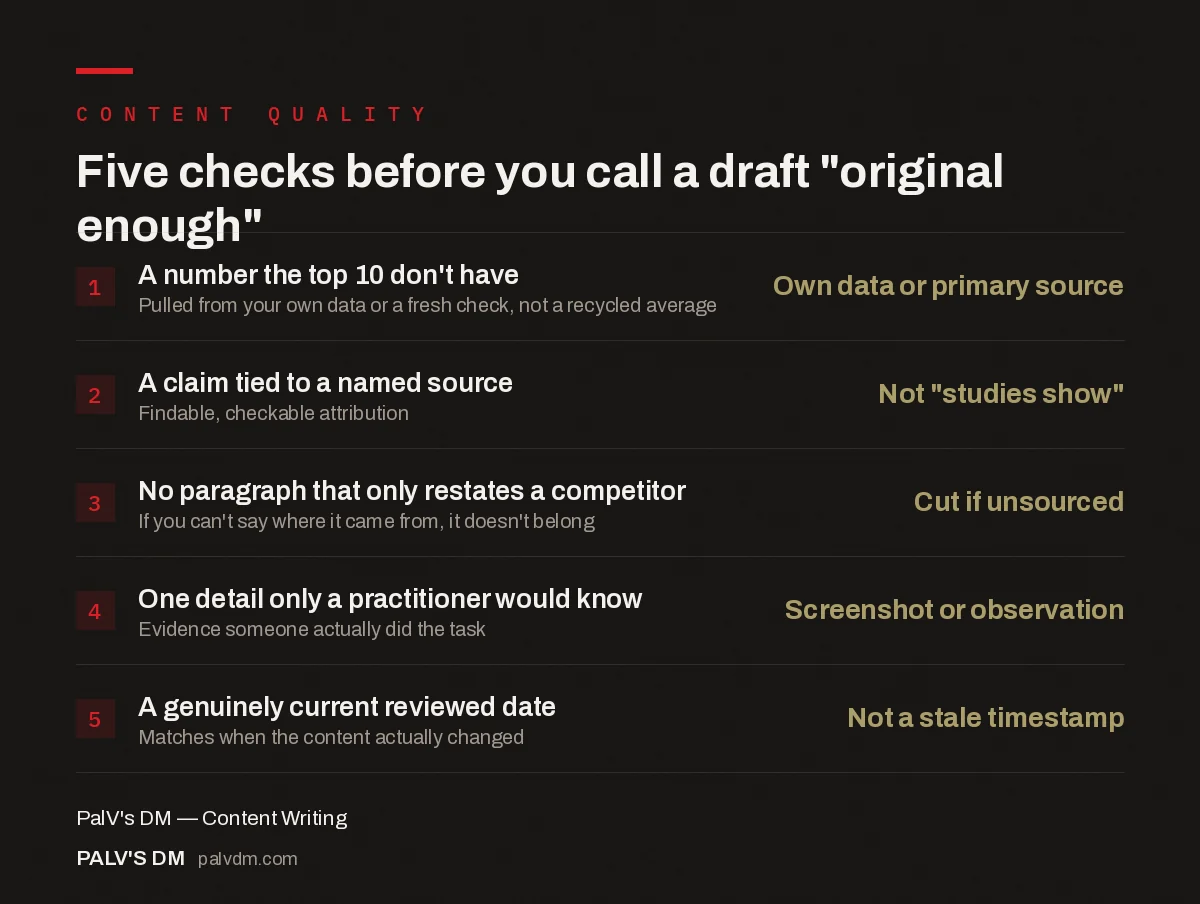 Checklist infographic: five checks before calling a content draft original enough for information gain