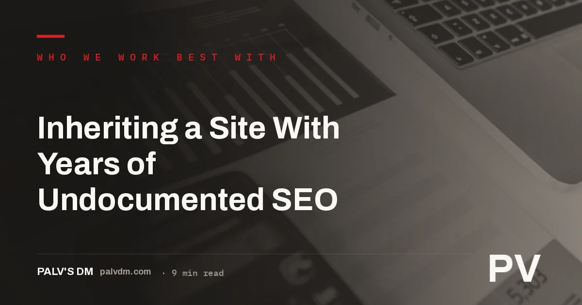 A ledger-paper textured graphic representing a site being audited after years of undocumented SEO work