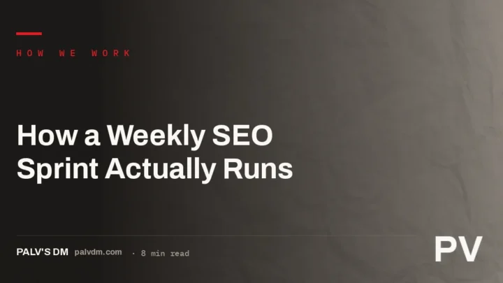 A weekly SEO sprint calendar showing planning, research, execution, QA and reporting days