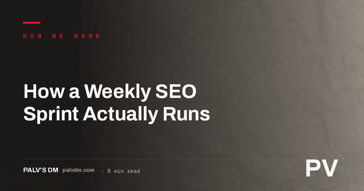 A weekly SEO sprint calendar showing planning, research, execution, QA and reporting days