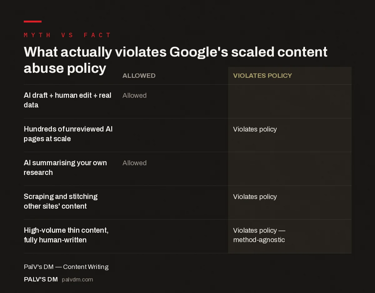 Comparison table showing what is allowed versus what violates Google's scaled content abuse policy