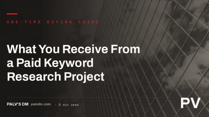 Diagram of what a paid keyword research project includes, from an architectural grid facade background