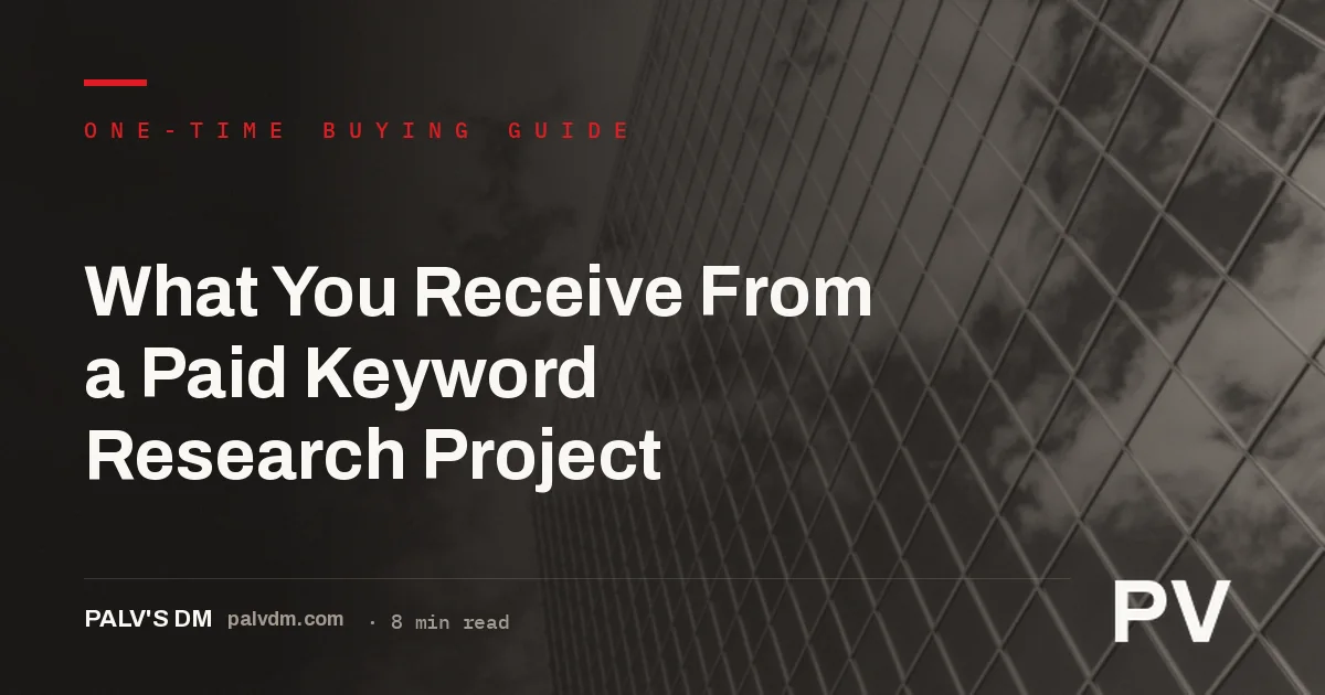 Diagram of what a paid keyword research project includes, from an architectural grid facade background