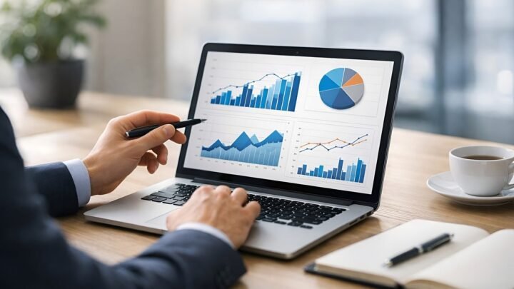 Business analytics dashboard on a laptop showing charts and graphs used to track marketing metrics