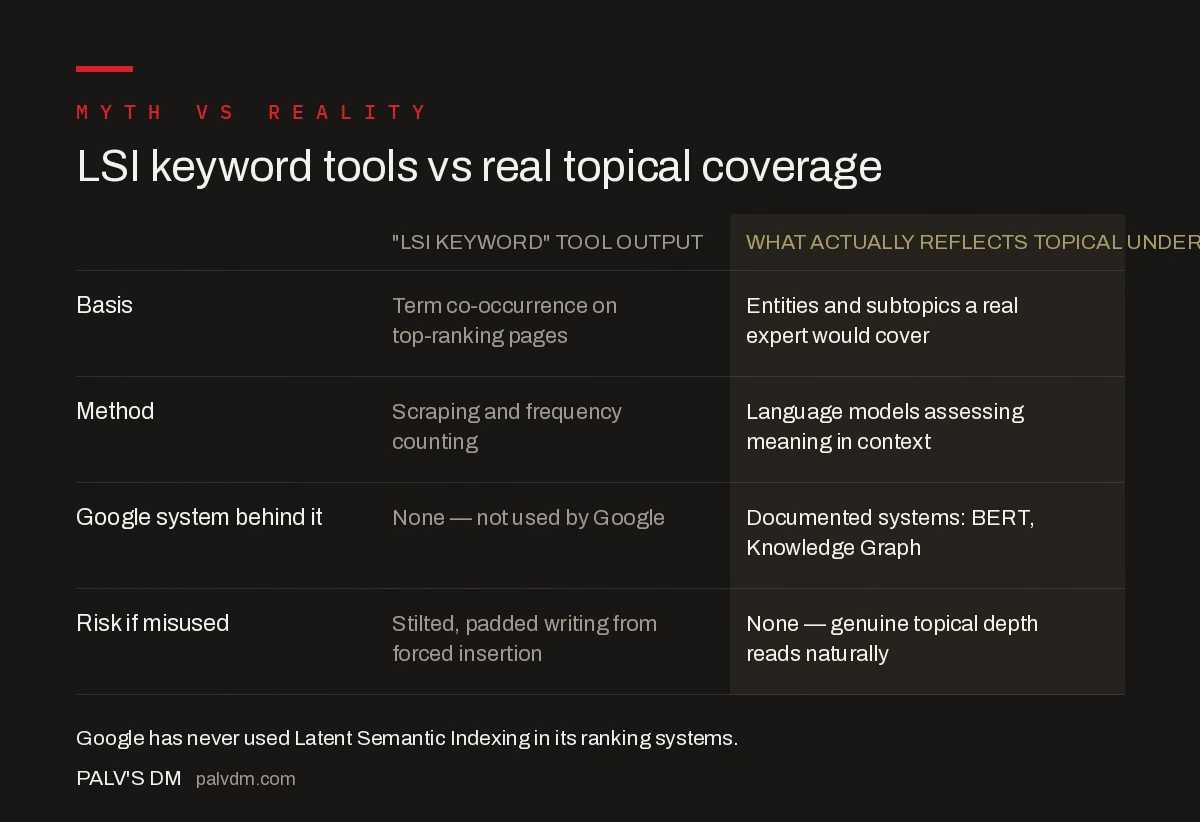 LSI keyword tools versus real topical coverage: term co-occurrence scraping compared with entity and subtopic coverage assessed by Google's language models
