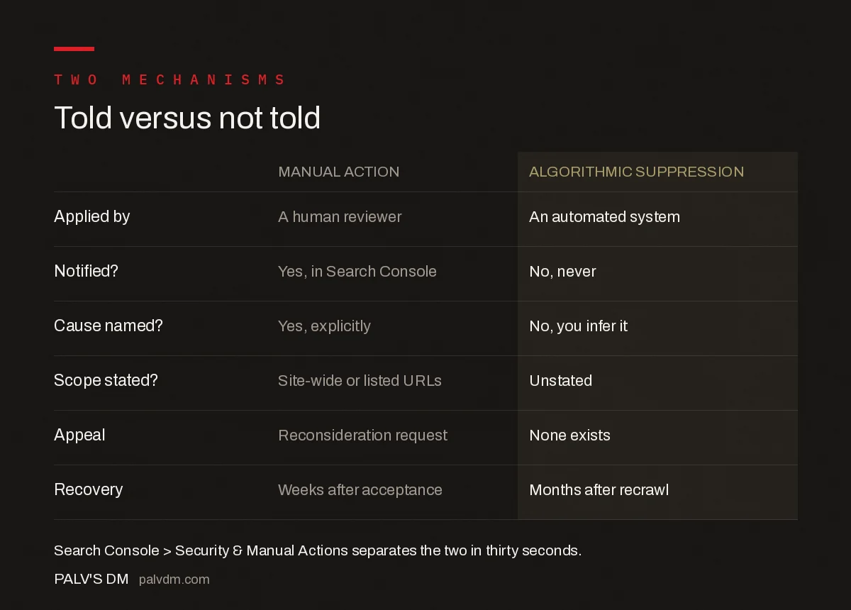 Manual action compared with algorithmic suppression across notification and recovery