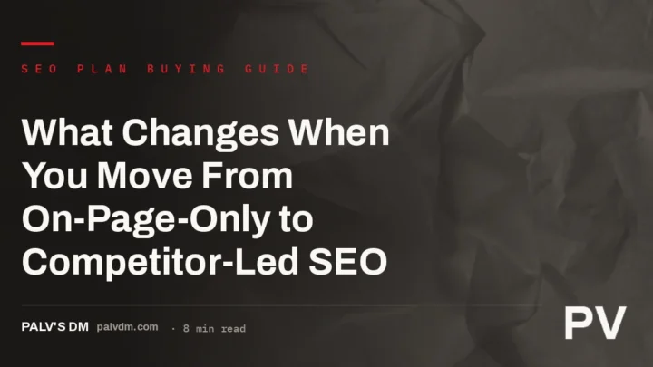 Comparison of on-page-only SEO versus competitor-led SEO across priorities, content, links, reporting and fit