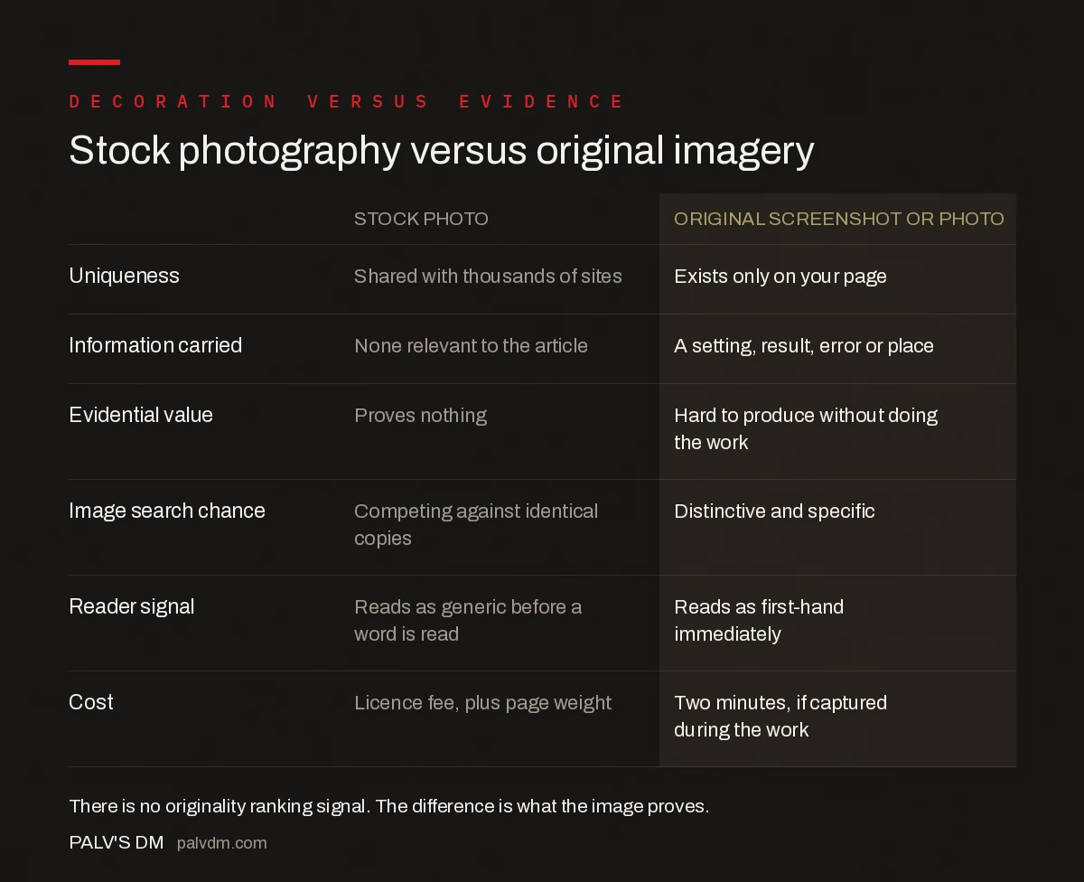 Comparison of stock photography against original screenshots and photographs