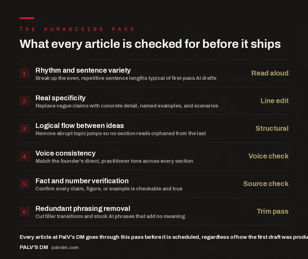 Checklist infographic showing what PalV's DM's humanising pass checks in every article before publishing
