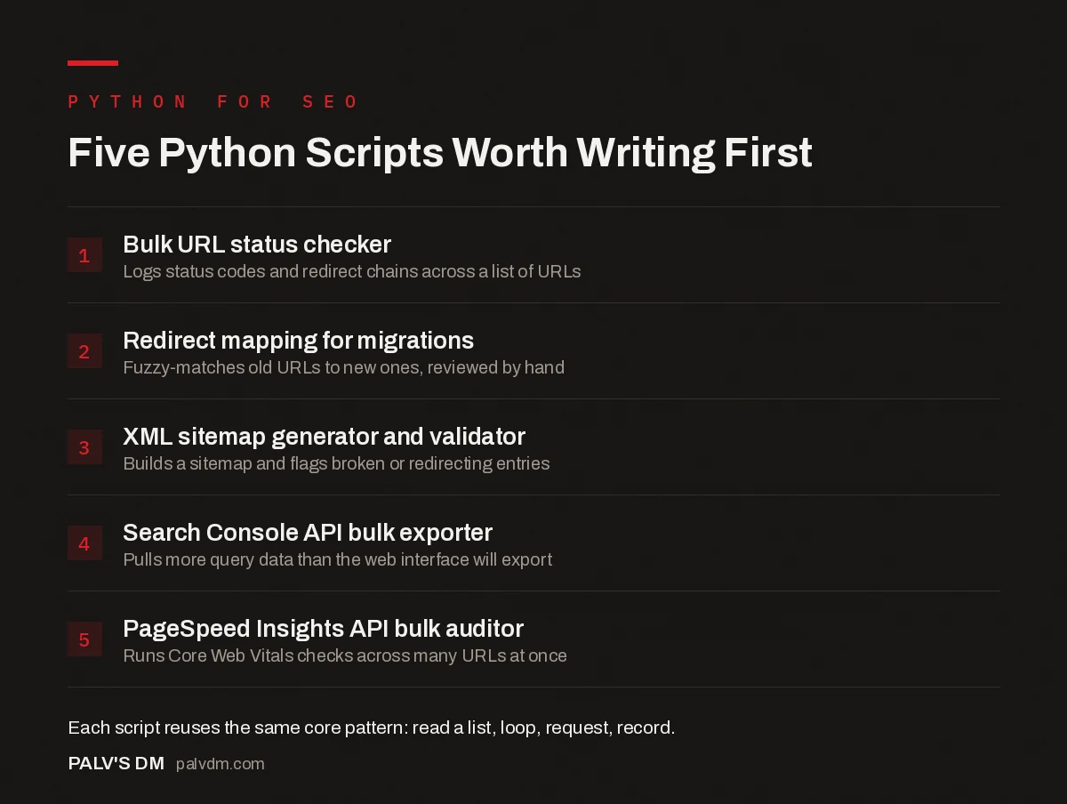 Checklist infographic: five Python scripts worth writing first for SEO