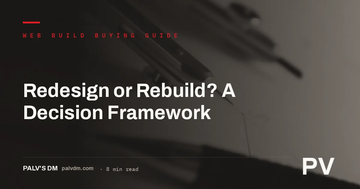 Decision framework comparing website redesign and rebuild across platform, timeline, and SEO risk