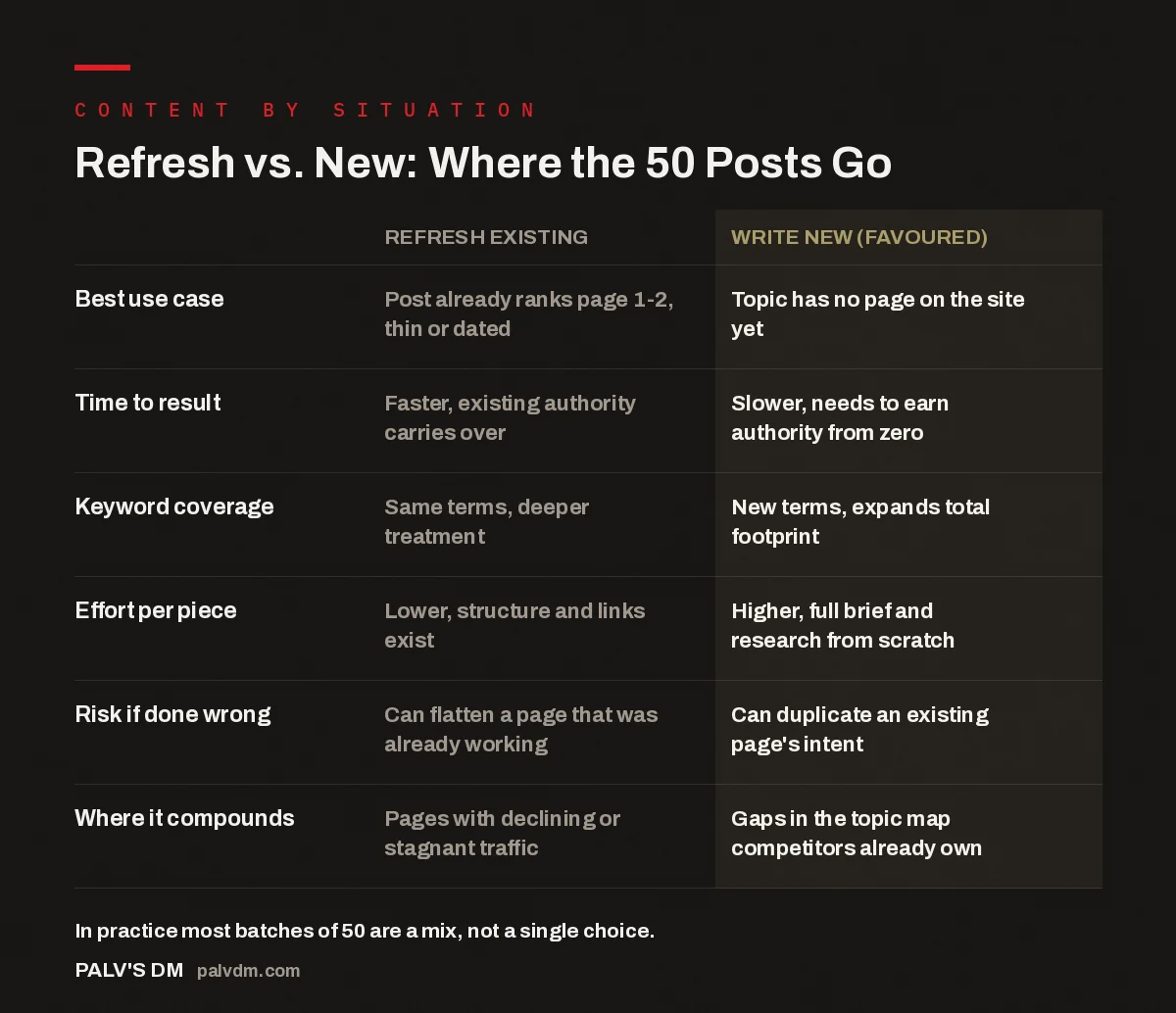 Comparison table showing when to refresh existing posts versus write new articles