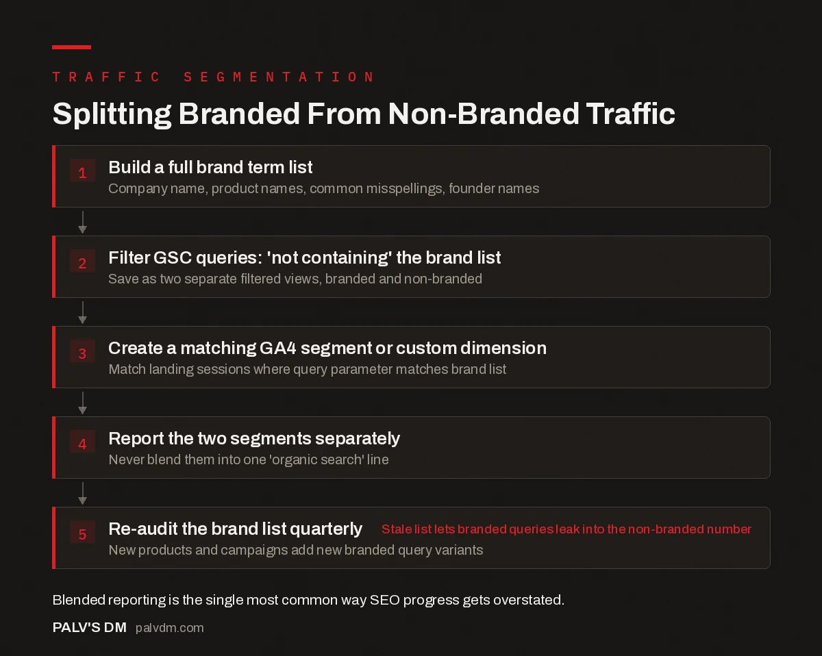 Five-step flow for splitting branded from non-branded traffic: brand term list, GSC filter, GA4 segment, separate reporting, and quarterly re-audit