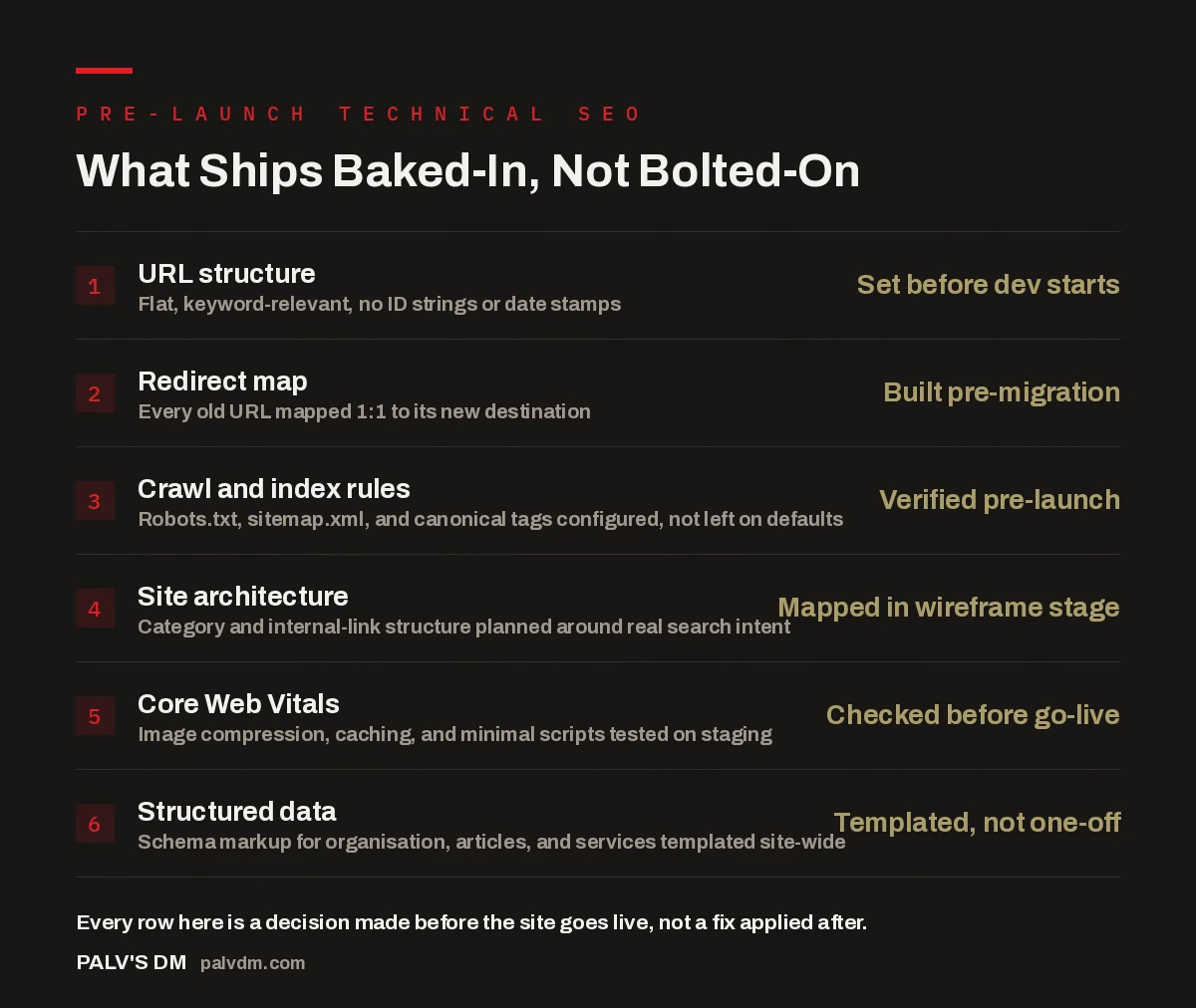 Checklist infographic of the technical SEO items PalV's DM builds into every website before launch