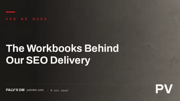 A ledger-style graphic representing the SEO process documentation behind PalV's DM delivery