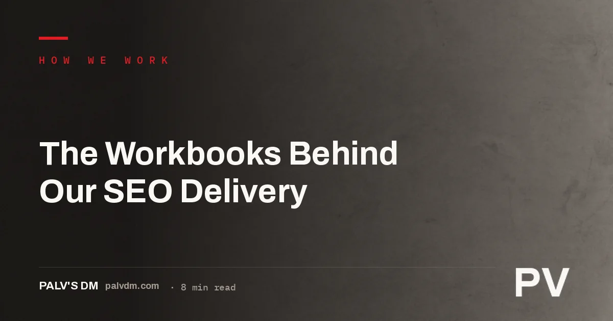 A ledger-style graphic representing the SEO process documentation behind PalV's DM delivery