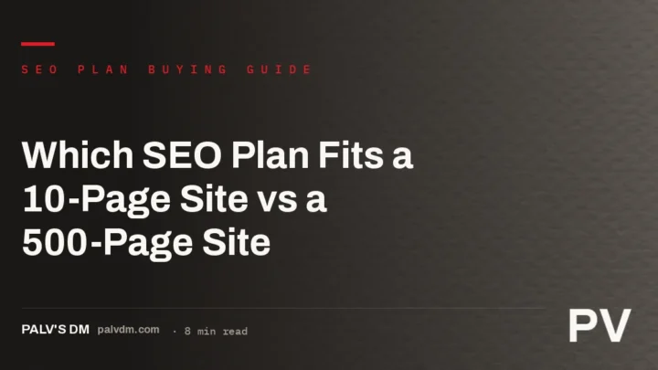 Checklist showing which SEO plan tier fits a site by page count, from under 20 pages to 500-plus pages