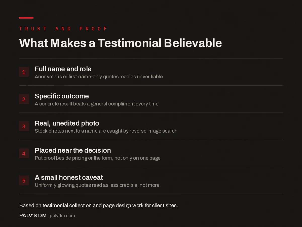 Checklist infographic: what makes a website testimonial believable