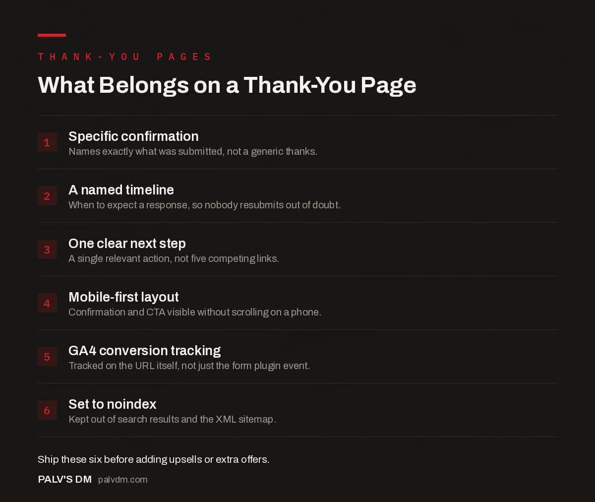Checklist infographic: six things every thank-you page needs