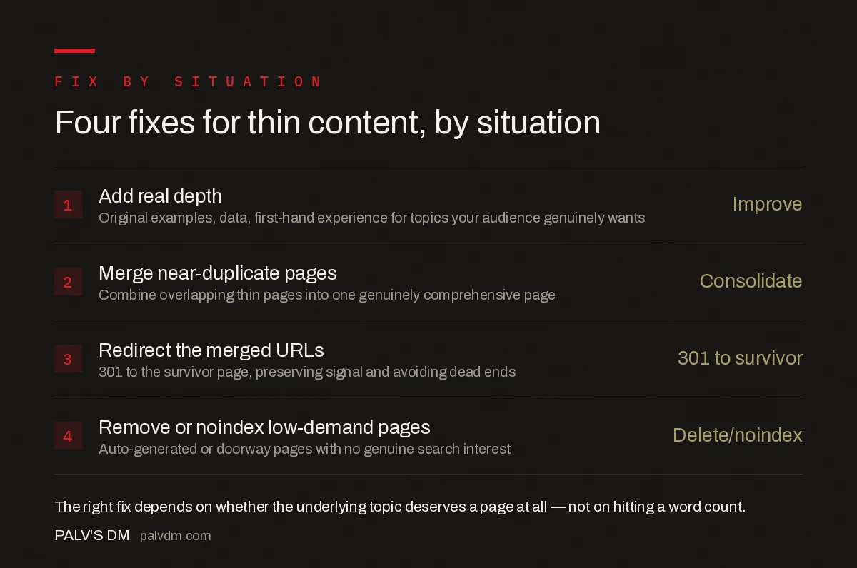 Four fixes for thin content: add real depth and original information to topics that deserve it, merge near-duplicate thin pages into one comprehensive page, redirect merged URLs, and remove or noindex pages with no genuine search demand
