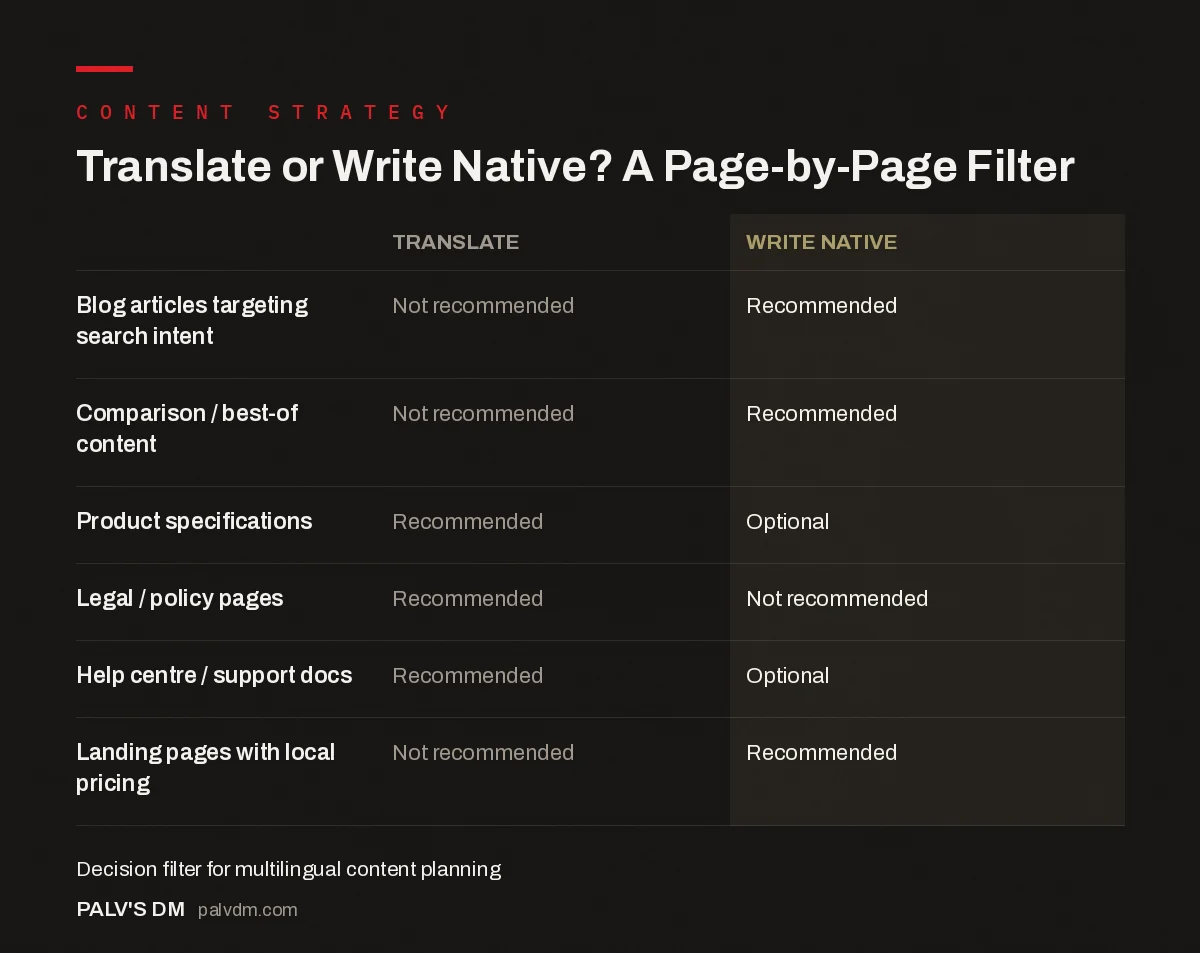 Comparison table showing which content types to translate versus write native, including blog articles, product specs, and legal pages