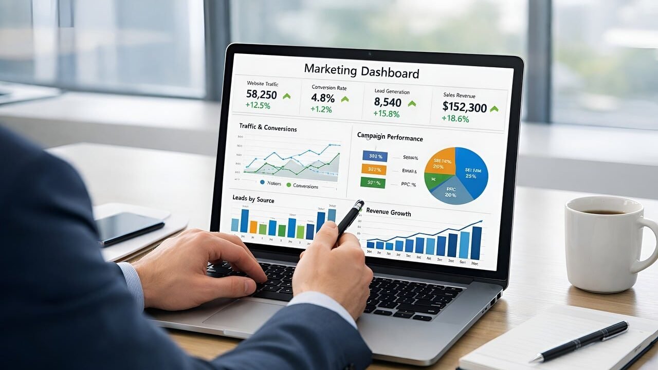 A laptop screen showing a data analysis dashboard on a desk, representing how to read the metrics in a paid SEO audit report.